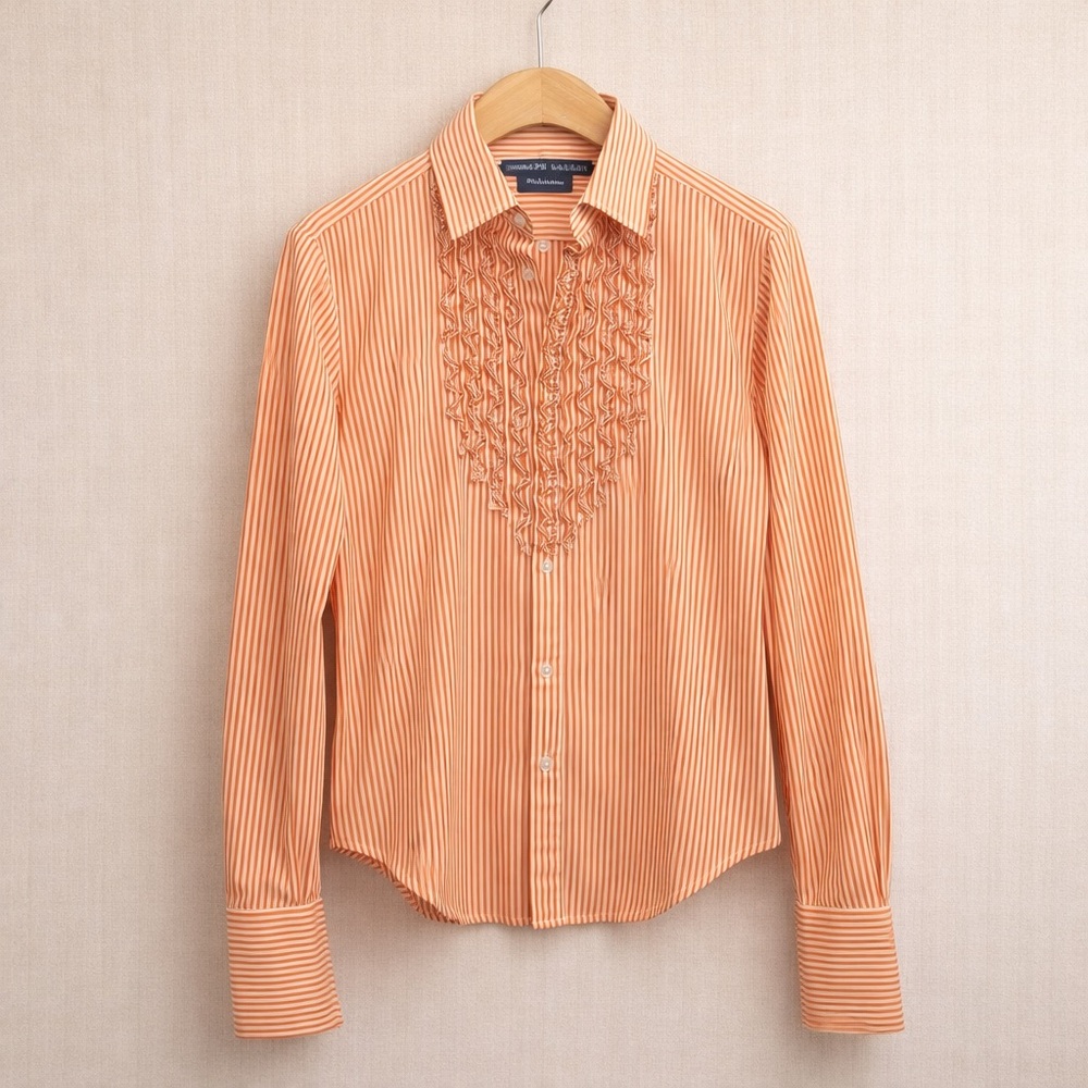 RALPH LAUREN Striped Cotton Ruffle Bib Blouse Orange White Button Small